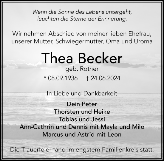 Traueranzeige von Thea Becker von Stormaner Tageblatt