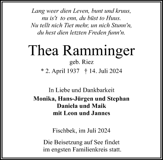 Traueranzeige von Thea Rammanger von Stormaner Tageblatt