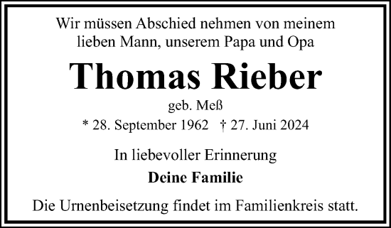 Traueranzeige von Thomas Rieber von Eckernförder Zeitung, Hallo Eckernförde