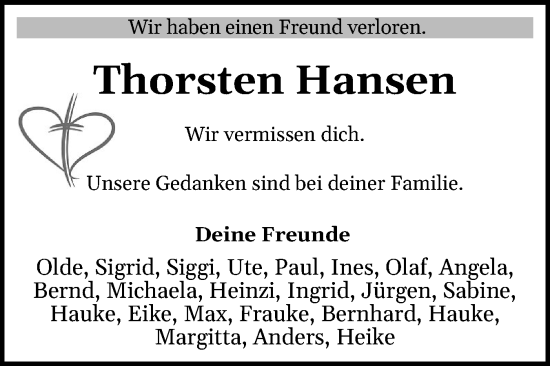 Traueranzeige von Thorsten Hansen von Region Westküste
