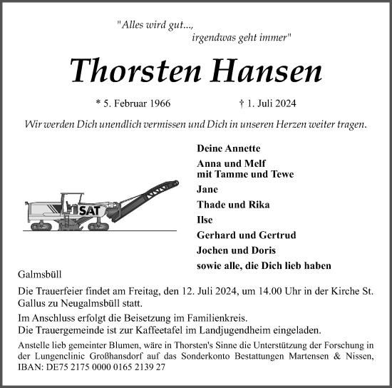 Traueranzeige von Thorsten Hansen von Husumer Nachrichten, Nordfriesland Tageblatt