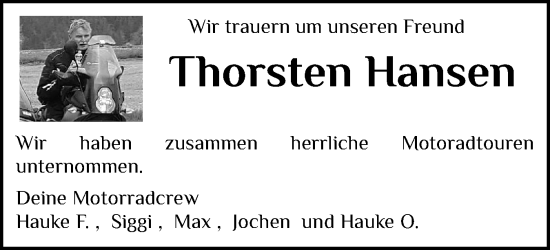 Traueranzeige von Thorsten Hansen von Husumer Nachrichten, Nordfriesland Tageblatt