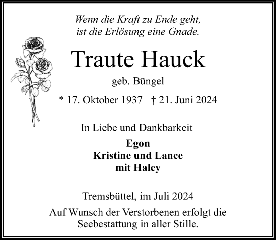 Traueranzeige von Traute Hauck von Stormaner Tageblatt