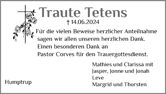 Traueranzeige von Traute Tetens von Husumer Nachrichten, Nordfriesland Tageblatt