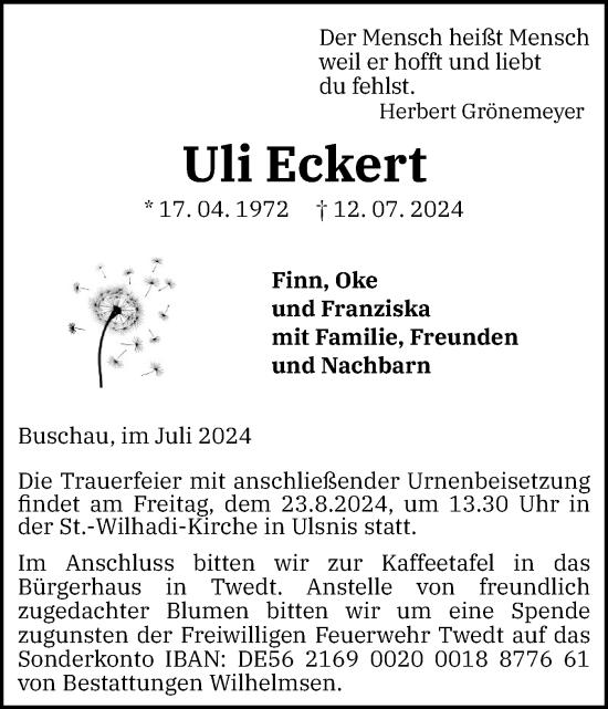 Traueranzeige von Uli Eckert von Schleswiger Nachrichten, Schlei-Bote