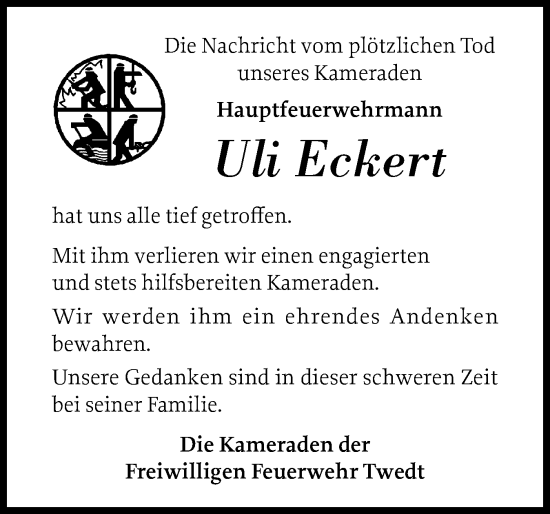 Traueranzeige von Uli Eckert von Schleswiger Nachrichten, Schlei-Bote
