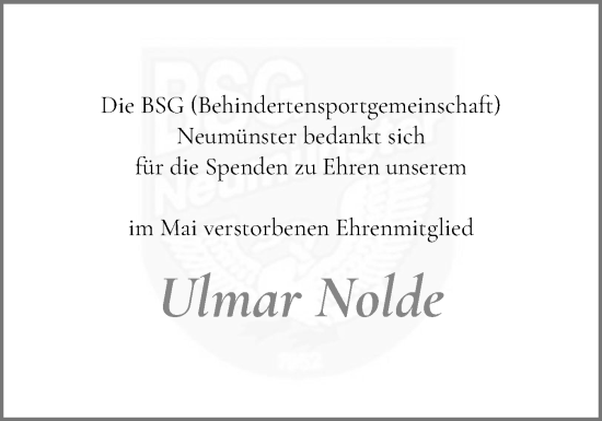 Traueranzeige von Ulmar Nolde von Holsteinischer Courier