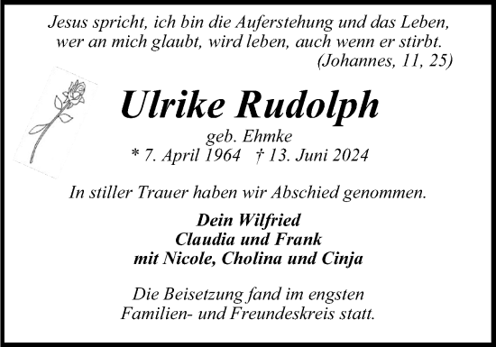 Traueranzeige von Ulrike Rudolph von Holsteinischer Courier