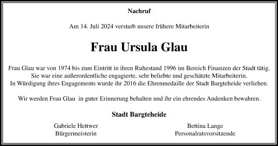 Traueranzeige von Ursula Glau von Stormaner Tageblatt