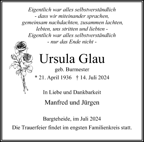 Traueranzeige von Ursula Glau von Stormaner Tageblatt