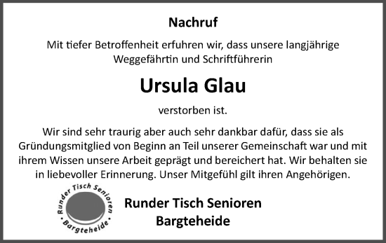 Traueranzeige von Ursula Glau von Stormaner Tageblatt