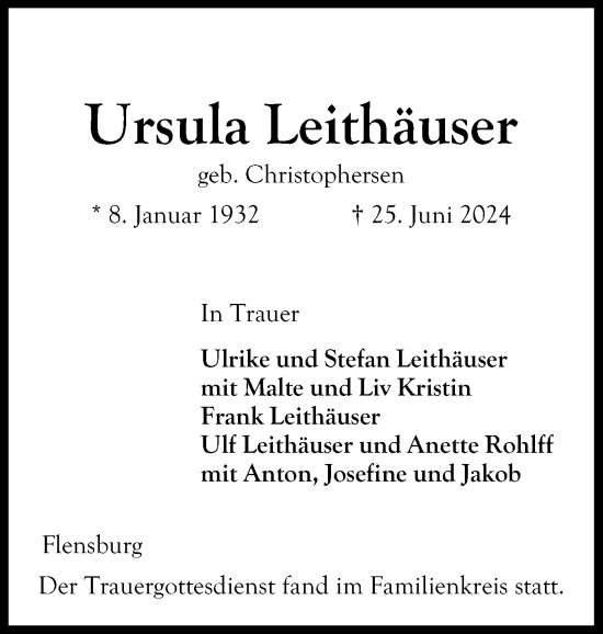 Traueranzeige von Ursula Leithäuser von Flensburger Tageblatt