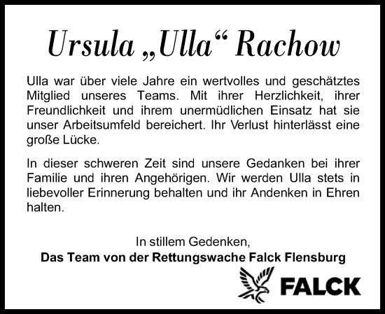 Traueranzeige von Ursula Rachow von Flensburger Tageblatt