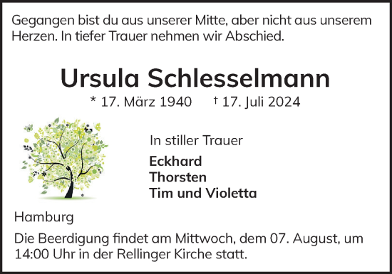 Traueranzeige von Ursula Schlesselmann von Region Pinneberg und tip Pinneberg