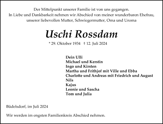 Traueranzeige von Uschi Rossdam von Schleswig-Holsteinische Landeszeitung