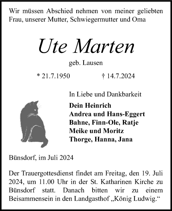 Traueranzeige von Ute Marten von Schleswig-Holsteinische Landeszeitung