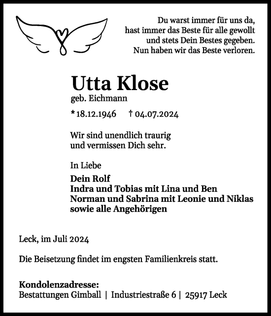 Traueranzeige von Utta Klose von Husumer Nachrichten, Nordfriesland Tageblatt