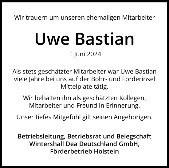 Traueranzeige von Uwe Bastian von Eckernförder Zeitung