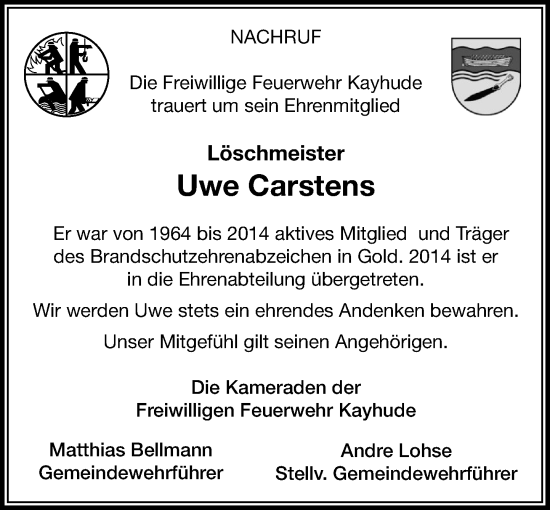 Traueranzeige von Uwe Carstens von Stormaner Tageblatt