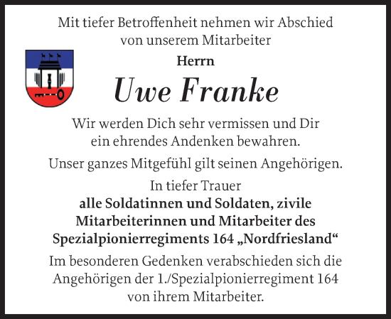 Traueranzeige von Uwe Franke von Husumer Nachrichten, Nordfriesland Tageblatt