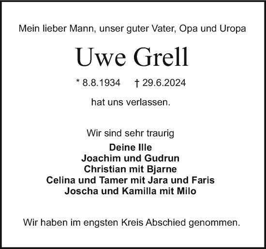 Traueranzeige von Uwe Grell von Holsteinischer Courier