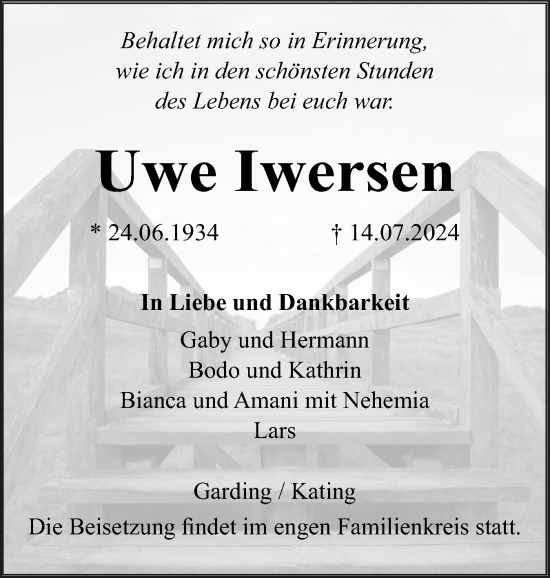 Traueranzeige von Uwe Iwersen von Husumer Nachrichten, Nordfriesland Tageblatt
