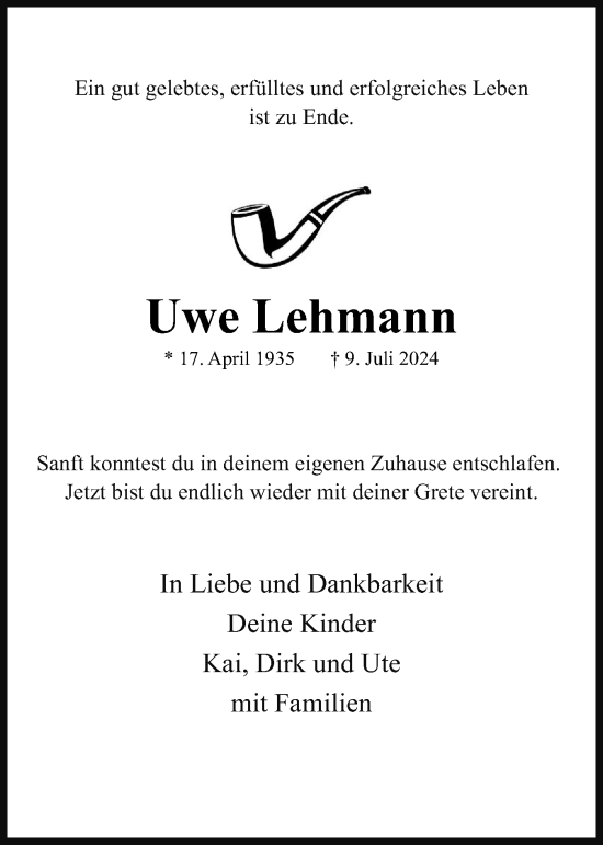 Traueranzeige von Uwe Lehmann von Uetersener Nachrichten, Der tip am Wochenende