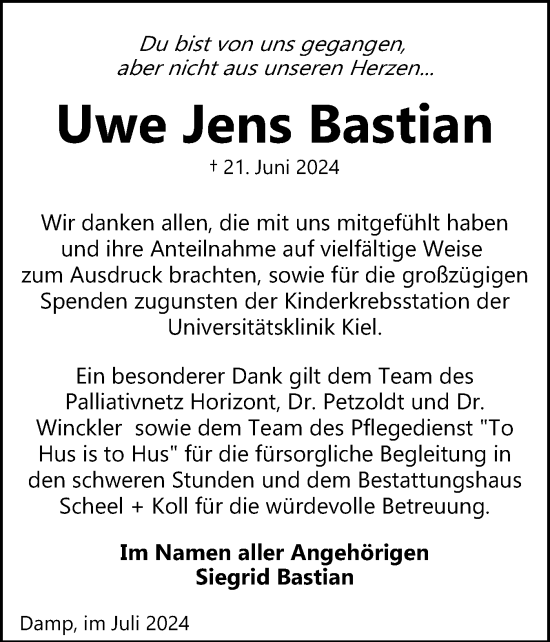 Traueranzeige von Uwe Jens Bastian von Eckernförder Zeitung, Hallo Eckernförde