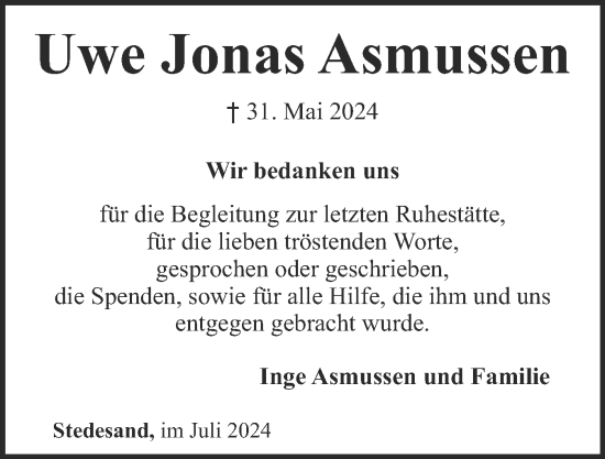 Traueranzeige von Uwe Jonas Asmussen von Husumer Nachrichten, Nordfriesland Tageblatt