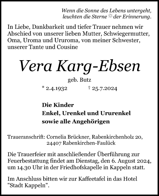 Traueranzeige von Vera Karg-Ebsen von Schleswiger Nachrichten, Schlei-Bote