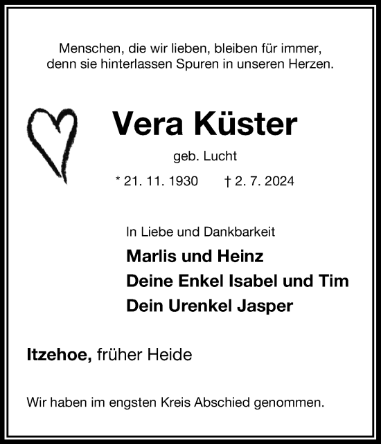 Traueranzeige von Vera Küster von Norddeutsche Rundschau, Wilstersche Zeitung, Glückstädter Fortuna
