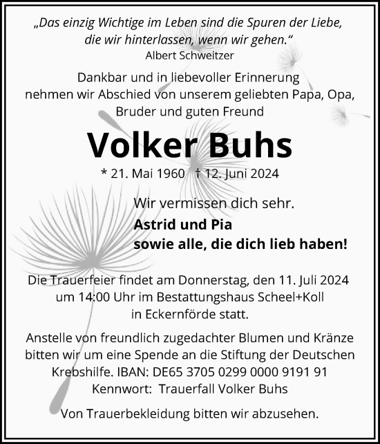 Traueranzeige von Volker Buhs von Eckernförder Zeitung, Hallo Eckernförde