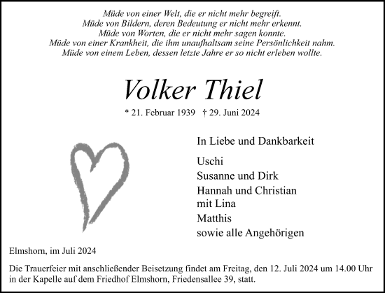Traueranzeige von Volker Thiel von Elmshorner Nachrichten, Barmstedter Zeitung