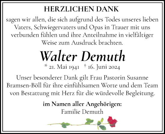 Traueranzeige von Walter Demuth von Flensburger Tageblatt