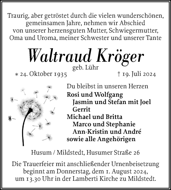 Traueranzeige von Waltraud Kröger von Husumer Nachrichten, Nordfriesland Tageblatt