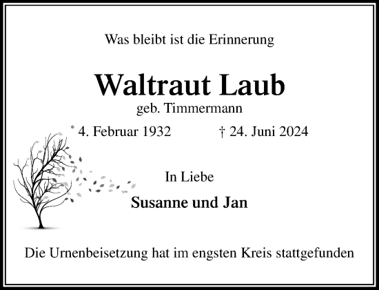 Traueranzeige von Waltraut Laub von Stormaner Tageblatt