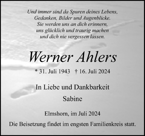 Traueranzeige von Werner Ahlers von Elmshorner Nachrichten, Barmstedter Zeitung