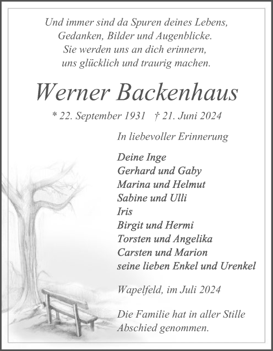 Traueranzeige von Werner Backenhaus von Schleswig-Holsteinische Landeszeitung