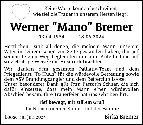 Traueranzeige von Werner Bremer von Eckernförder Zeitung, Hallo Eckernförde