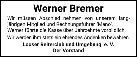 Traueranzeige von Werner Bremer von Eckernförder Zeitung, Hallo Eckernförde