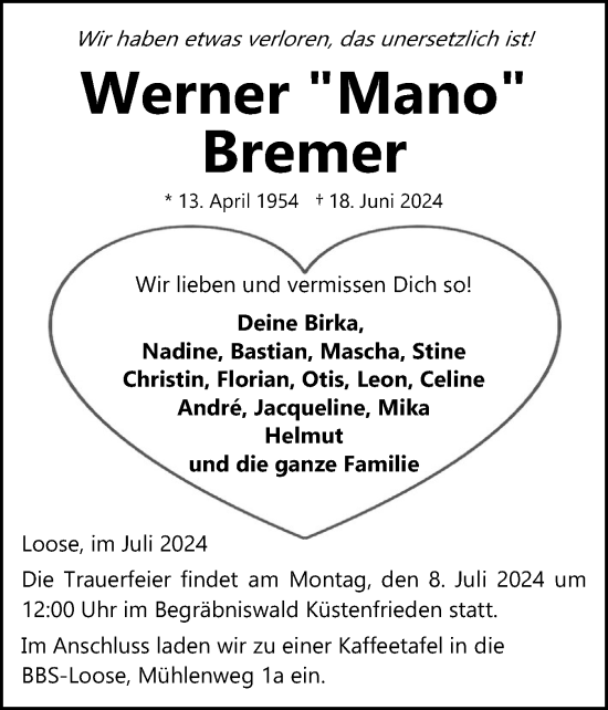 Traueranzeige von Werner Mano von Eckernförder Zeitung, Hallo Eckernförde