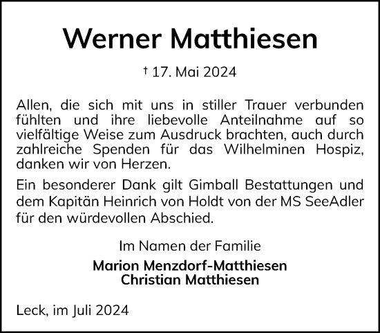 Traueranzeige von Werner Matthiesen von Husumer Nachrichten, Nordfriesland Tageblatt