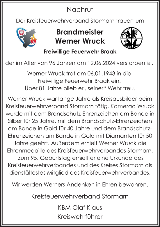 Traueranzeige von Werner Wruck von Stormaner Tageblatt