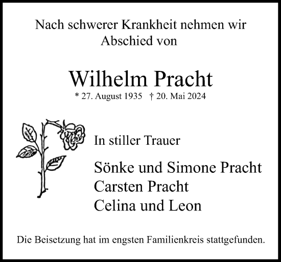 Traueranzeige von Wilhelm Pracht von Uetersener Nachrichten, Der tip am Wochenende