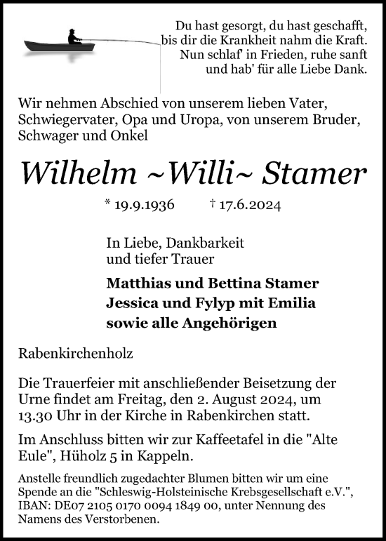 Traueranzeige von Wilhelm Stamer von Schleswiger Nachrichten, Schlei-Bote