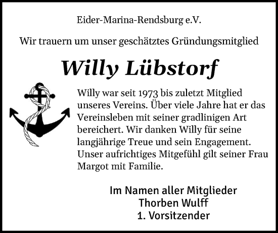 Traueranzeige von Willy Lübstorf von Schleswig-Holsteinische Landeszeitung