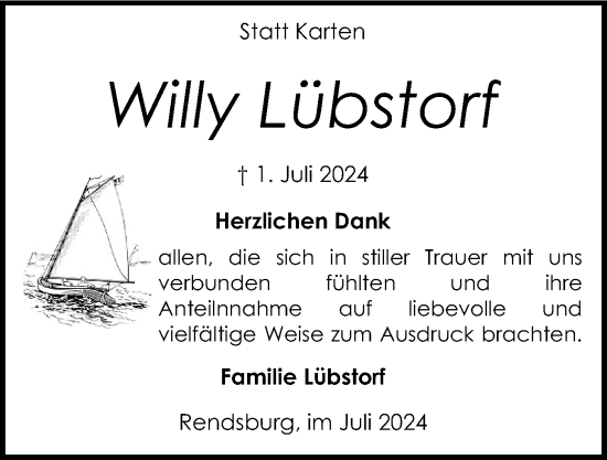 Traueranzeige von Willy Lübstorf von Schleswig-Holsteinische Landeszeitung