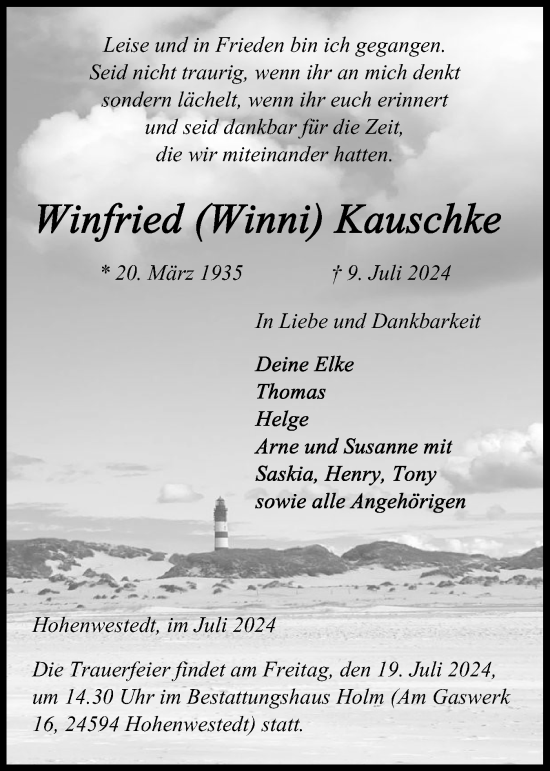 Traueranzeige von Winfried  Kauschke von Schleswig-Holsteinische Landeszeitung