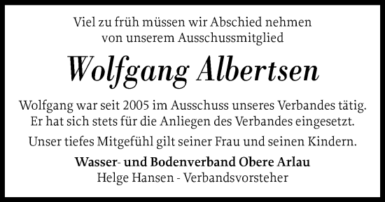 Traueranzeige von Wolfgang Albertsen von Husumer Nachrichten, Nordfriesland Tageblatt