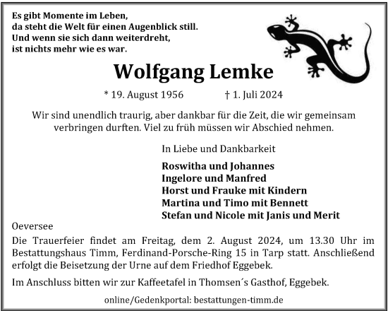 Traueranzeige von Wolfgang Lemke von Flensburger Tageblatt